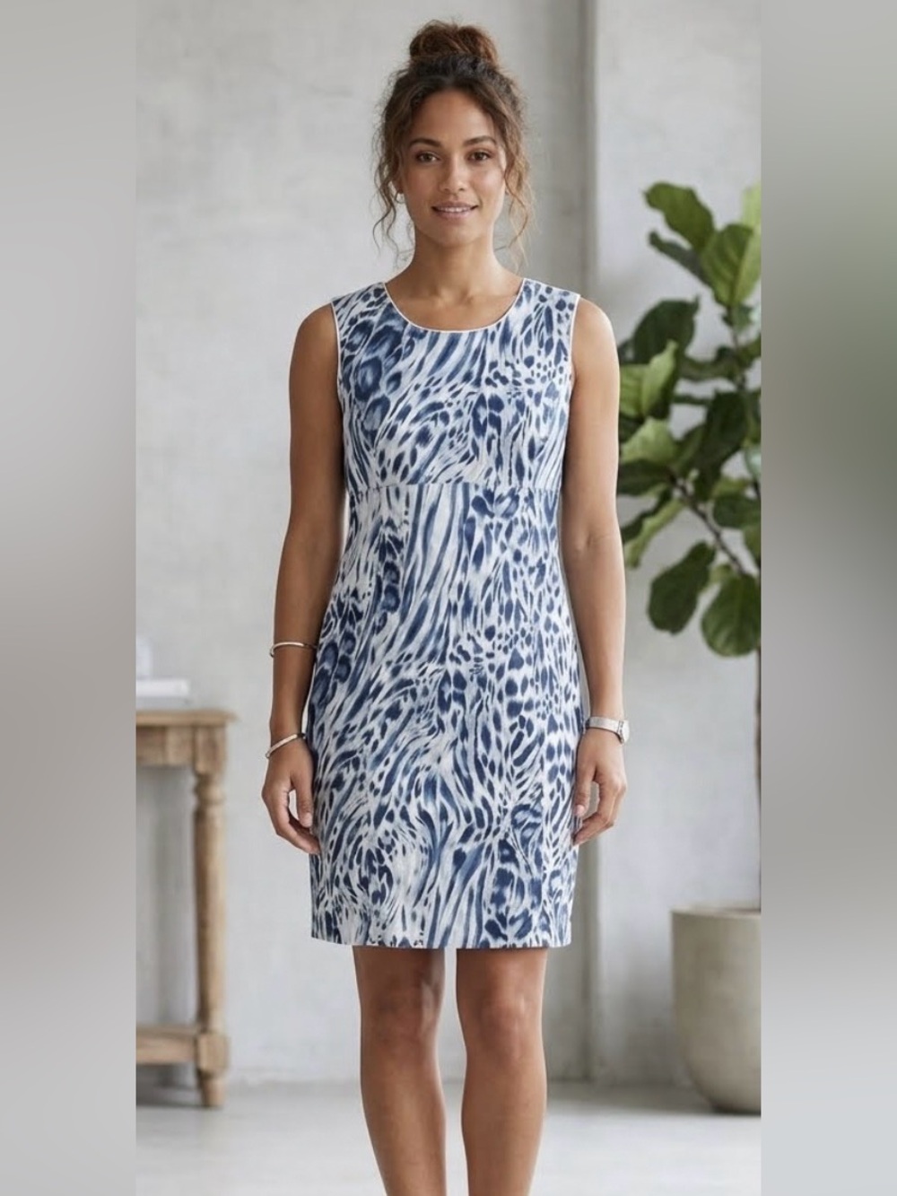 Vintage Courtenay Blue & White Abstract Animal Print Sheath Dress Size 10